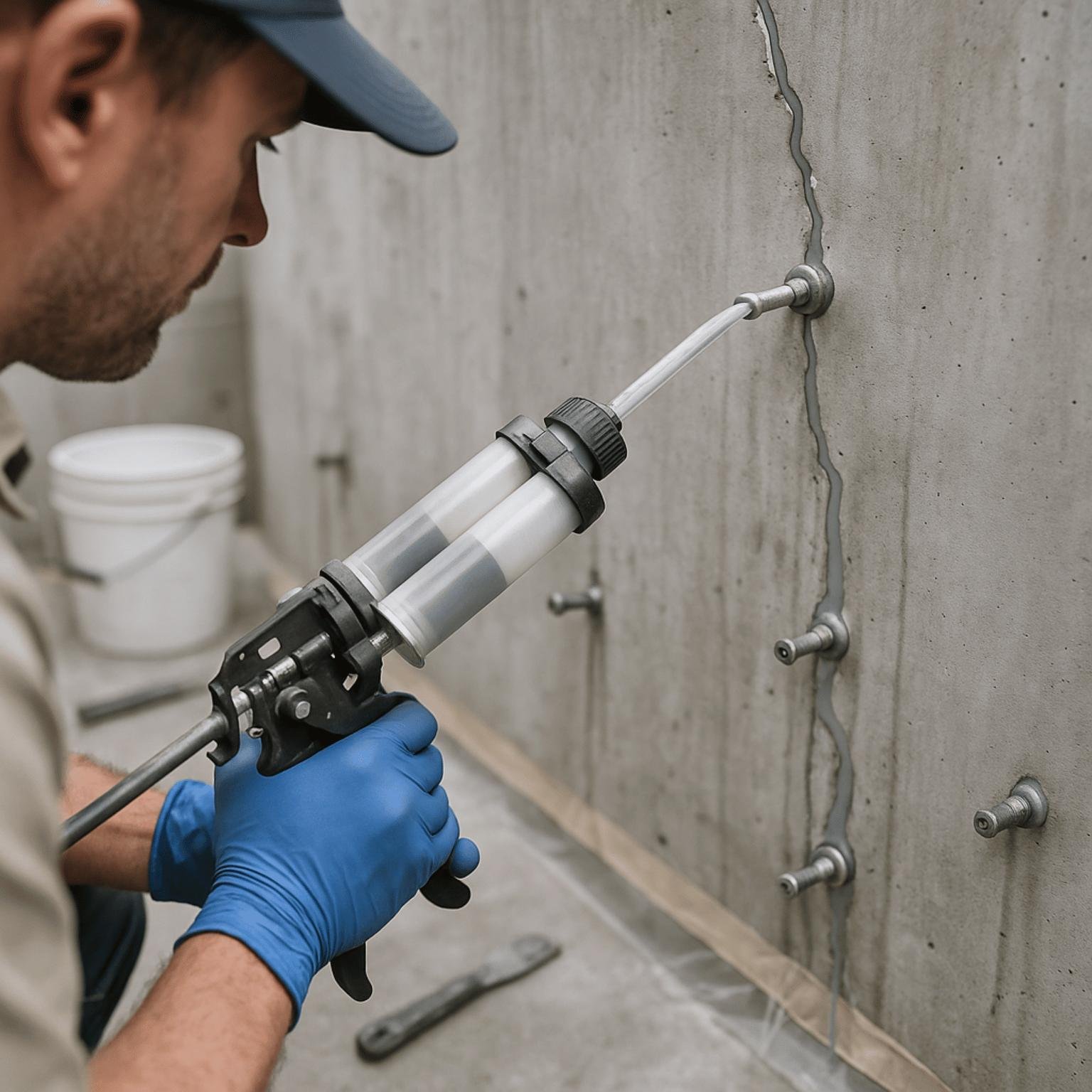 Epoxy-filled crack repair in a foundation wall
